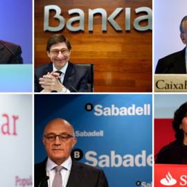 Los presidentes de los seis grandes bancos españoles, de izquierda a derecha y de arriba abajo: Francisco González (BBVA); José Ignacio Goirigolzarri (Bankia); Isidre Fainé (Caixabank); Ángel Ron (Popular); Josep Oliú (Sabadell); y Ana Patr