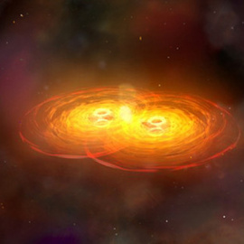 Ilustración de la fusión de dos agujeros negros, un evento que puede generar ondas gravitacionales. / NASA