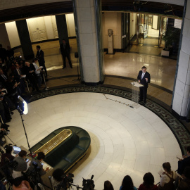 El presidente del Gobierno en funciones, Mariano Rajoy, durante su comparecencia ante los periodistas tras su reunión con el líder de Ciudadanos, Albert Rivera. REUTERS/Susana Vera