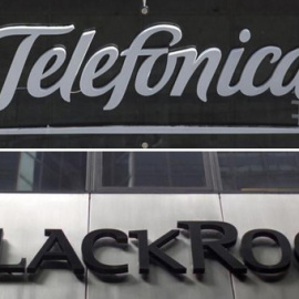 Los logos de Telefónica y de Blackrock, en sus respectivas sedes de Madrid y Nueva York. REUTERS