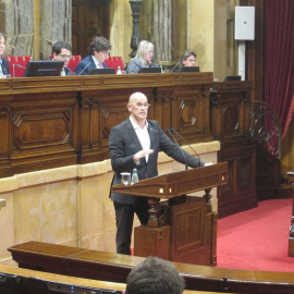 El conseller Raül Romeva, durante su intervención en el Pleno del Parlament. E.P.