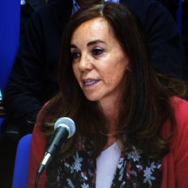 Vista del monitor ubicado en la sala de prensa de la Escuela Balear de la Administración Pública (EBAP), durante la declaración de la ex consejera delegada de la candidatura olímpica Madrid 2016, Mercedes Coghen, durante la octava jornada d