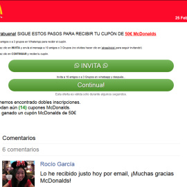 Un falso cupón de McDonald's por WhatsApp pretende hacerse con datos personales de los usuarios
