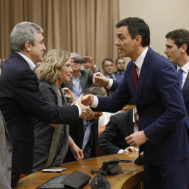 Pedro Sánchez estrecha la mano a Luis Garicano, el responsable de la política económica de Podemos. / EFE (CHEMA MOYA)