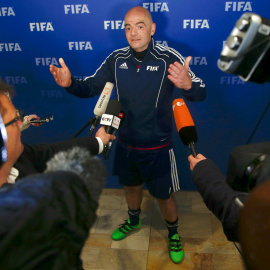 New FIFA President Gianni Infantino addresses the media after a friendly football match at FIFA headquarters in Zurich, Switzerland February 29, 2016. Infantino celebrated his first day in office by organising a soccer match for employees a