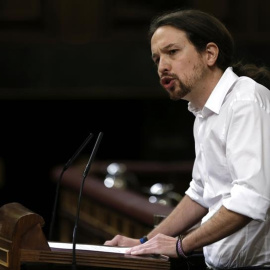 El líder de Podemos, Pablo Iglesias, en su intervención tras Rajoy y Sánchez. EFE/Chema Moya