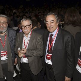 El secretario general de UGT, Cándido Méndez, junto a su homólogo de CCOO, Ignacio Fernández Toxo (2i); y los presidentes de CEOE y Cepyme, Juan Rosell (2d) y Antonio Garamendi, antes de la apertura del 42 Congreso Confederal de UGT en Madr