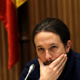 El secrerario general de Podemos, Pablo Iglesias, durante la jornada 'Análisis, Retos y Perspectivas en la Aplicación de la Ley 45/07 de Desarrollo Sostenible del Medio Rural', organizada por el Grupo parlamentario Podemos-En Comú Podem-En 