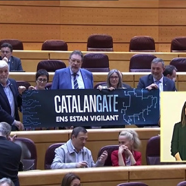 VÍDEO | Senadores de JxCat muestran a Sánchez una pancarta contra el 'Catalangate' en el Senado