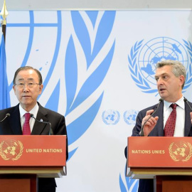 El secretario general de la ONU, Ban Ki-moon, y el alto comisionado para los Refugiados, Filippo Grandi. / EFE