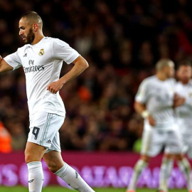 Benzema celebra el empate en el Camp Nou.- EFE