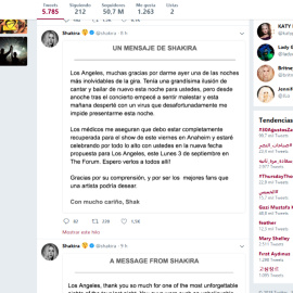 Shakira cancela su concierto en Los Ángeles por un virus