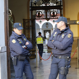 Dos agentes de Policía custodian la entrada principal del Ayuntamiento de Granada. / Twitter Ideal de Granada