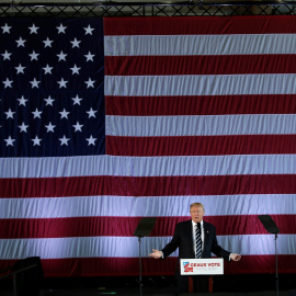 Donald Trump, presidente electo de los Estados Unidos, frente a una enorme bandera estadounidense en Lousiana, EEUU: / REUTERS