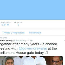 Perfil de la ministra india de Exteriores, Sushma Swaraj, en Twitter.