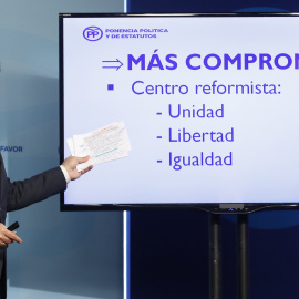 El vicesecretario de Organización y Electoral del PP, Fernando Martínez Maillo, durante la presentación de las líneas básicas de la Ponencia Política y de Estatutos que se llevará al congreso nacional del partido en febrero. EFE/Ballesteros