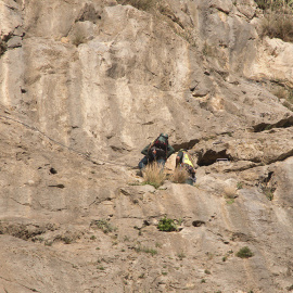 Miembros de los equipos de rescate en el lugar donde ha fallecido una joven tras caer desde una altura considerable, cuando estaba haciendo escalada en el paraje conocido como Tajo de los Vados, en Vélez Benaudalla (Granada). EFE/PAQUET