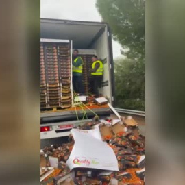 Agricultores españoles vierten en la carretera toneladas de tomates marroquíes
