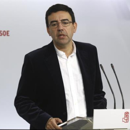 El portavoz de la Gestora del PSOE, Mario Jiménez, durante la rueda de prensa que ha ofrecido hoy para valorar la comparecencia del presidente del Gobierno, Mariano Rajoy, tras el último Consejo de Ministros del año. EFE/Paco Campos