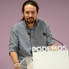 El secretario general de Podemos, Pablo Iglesias, en una rueda de prensa en la sede del partido en Madrid. PODEMOS