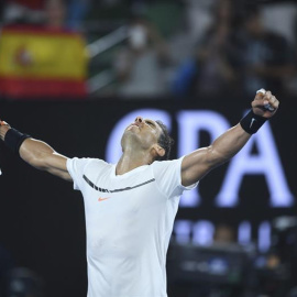 El tenista español Rafael Nadal celebra su victoria ante el chipriota Marcos Baghdatis. /EFE