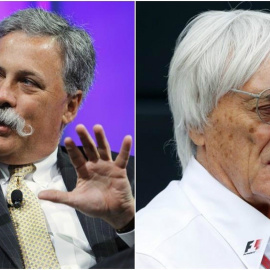 Combo de fotografías de Chase Carey y Bernie Ecclestone.