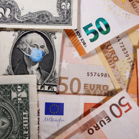 George Washington is seen with printed medical masks on the one Dollar near Euro banknotes in this illustration  taken, March 31, 2020. REUTERS/Dado Ruvic/Illustration