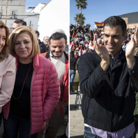 La presidenta de la Junta de Andalucía y líder del PSOE-A, Susana Díaz, junto a la eurodiputada Elena Valenciano, y el ex secretario general del PSOE, Pedro Sánchez, con el alcalde de Dos Hermanas, Francisco Toscano, en sus respectivos acto