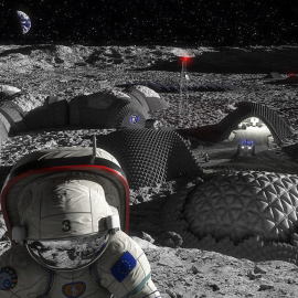Ideación artística de una base lunar. Imagen: Agencia Espacial Europea vía Wikimedia Commons.