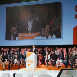 El presidente de Ciudadanos, Albert Rivera, clausura la Asamblea rodeado de todos los miembros de su Ejecutiva.  EFE/Zipi