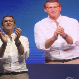 El presidente nacional del Partido Popular, Alberto Núñez Feijóo, participa en el 13 Congreso Popular Extremeño, en Badajoz, este sábado. EFE/ Jero Morales