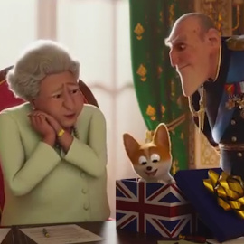 La Reina Isabel II y su perro corgi, se convierten en dibujos animados