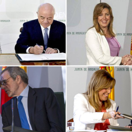 De izquierda a derecha y de arriba a abajo, la presidenta de la Junta de Andalucía con los presidentes de las grandes empresas y bancos con los que firmó acuerdos al princio de su mandato:  BBVA, Francisco González, Endesa, Borja Prado, de 