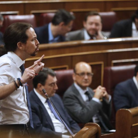 El líder de Podemos, Pablo Iglesias, durante la sesión de control al Gobierno en el Congreso. - EFE