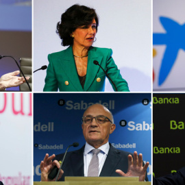 De izquierda a derecha y de arriba a abajo, el presidente del BBVA, Francisco González, la del Santander, Ana Botín, el de Caixabank, Jordi Gual, el ex presidente del Popular, Ángel Ron, el del Sabadell, Josep Oliú, y el de Banki, José Igna