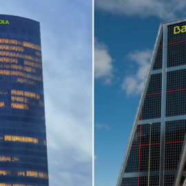 Las sedes de Iberdrola en Bilbao (iz) y de Bankia en Madrid (d).