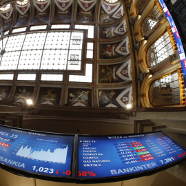 El patio de negociación de la Bolsa de Madrid, y los paneles informativos. EFE/Javier Lizón
