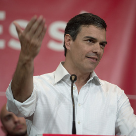 El ex secretario general del PSOE y aspirante a la reelección, Pedro Sánchez, durante su intervención un un acto con militantes socialistas en Granada. EFE/ PEPE TORRES
