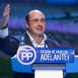 El nuevo presidente del Partido Popular en la Región de Murcia, Pedro Antonio Sánchez, durante su intervención en el 16º Congreso del partido en Murcia, donde ha salido elegido como nuevo presidente del partido, hoy en el Auditorio Regional