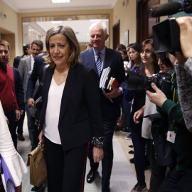 La tesorera-gerente del PP, María del Carmen Navarro, a su llegada a la Comisión del Congreso para la auditoría de la calidad democrática, la lucha contra la corrupción y las reformas institucionales y legales en la que comparecen tesoreros