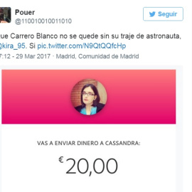Un tuitero comparte en la red su donación a Cassandra Vera, condenada por la Audiencia Nacional por sus chistes sobre Carrero Blanco