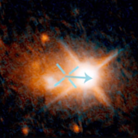 Imagen de la galaxia 3C 186. El aspa marca su centro y lo que brilla a la derecha es el cuásar que esconde un agujero negro supermasivo.- NASA'S GODDARD SPACE FLIGHT CENTER