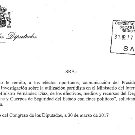 Encabezado del burofax dirigido por la presidenta del Congreso de los Diputados, Ana Pastor, a la directora de 'Público' notificando la solicitud de las grabaciones al ministro del Interior, y de otros archivos, formulada por la comisión de