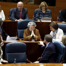 La diputada del PP Isabel Redondo (c), de baja médica tras someterse a dos operaciones el pasado mes de febrero, hoy en la Asamblea de Madrid a la que ha asistido para votar las enmiendas a la totalidad de los presupuestos regionales de 201