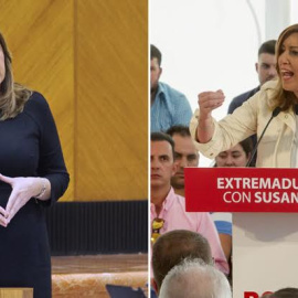 En la primera imagen, Susana Díaz en su intervención en el Parlamento andaluz y en la otra, en un mitin en Extremadura / EFE