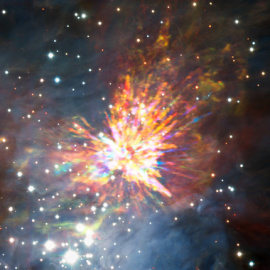 Explosión estelar en Orión detectada con los datos de ALMA, aunque la fotografía también incluye imágenes del infrarrojo cercano captadas con los telescopios Gemini Sur y VLT del Observatorio Europeo Austral. / ALMA (ESO/NAOJ/NRAO), J. Ball