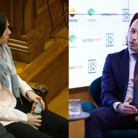 A la izquierda Rosa Peral en el banquillo en el juicio de 2020. A la derecha Luis Rubiales en un desayuno deportivo de Europa Press. - (izq) DAVID ZORRAQUINO / Europa Press