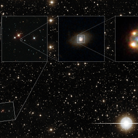La supernova magnificada (iPTF16geu), vista con diferentes telescopios. A la derecha se observa la cruz de Einstein.-NASA, ESA, Sloan Digital Sky Survey, W. M. Keck Observatory, Palomar Observatory/California Institute of Technology .