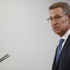  El líder del PP, Alberto Núñez Feijóo, durante una rueda de prensa. EFE/ J.P.Gandul