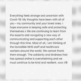 Victoria Beckham agradece el trabajo de los profesionales sanitarios